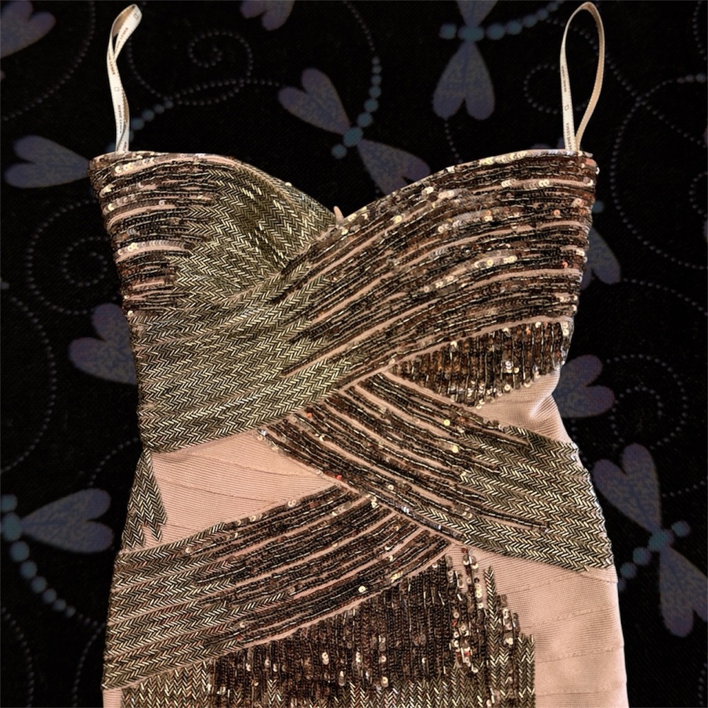 Herve Leger Pink and Gold Strapless Sequin Bandage Dress